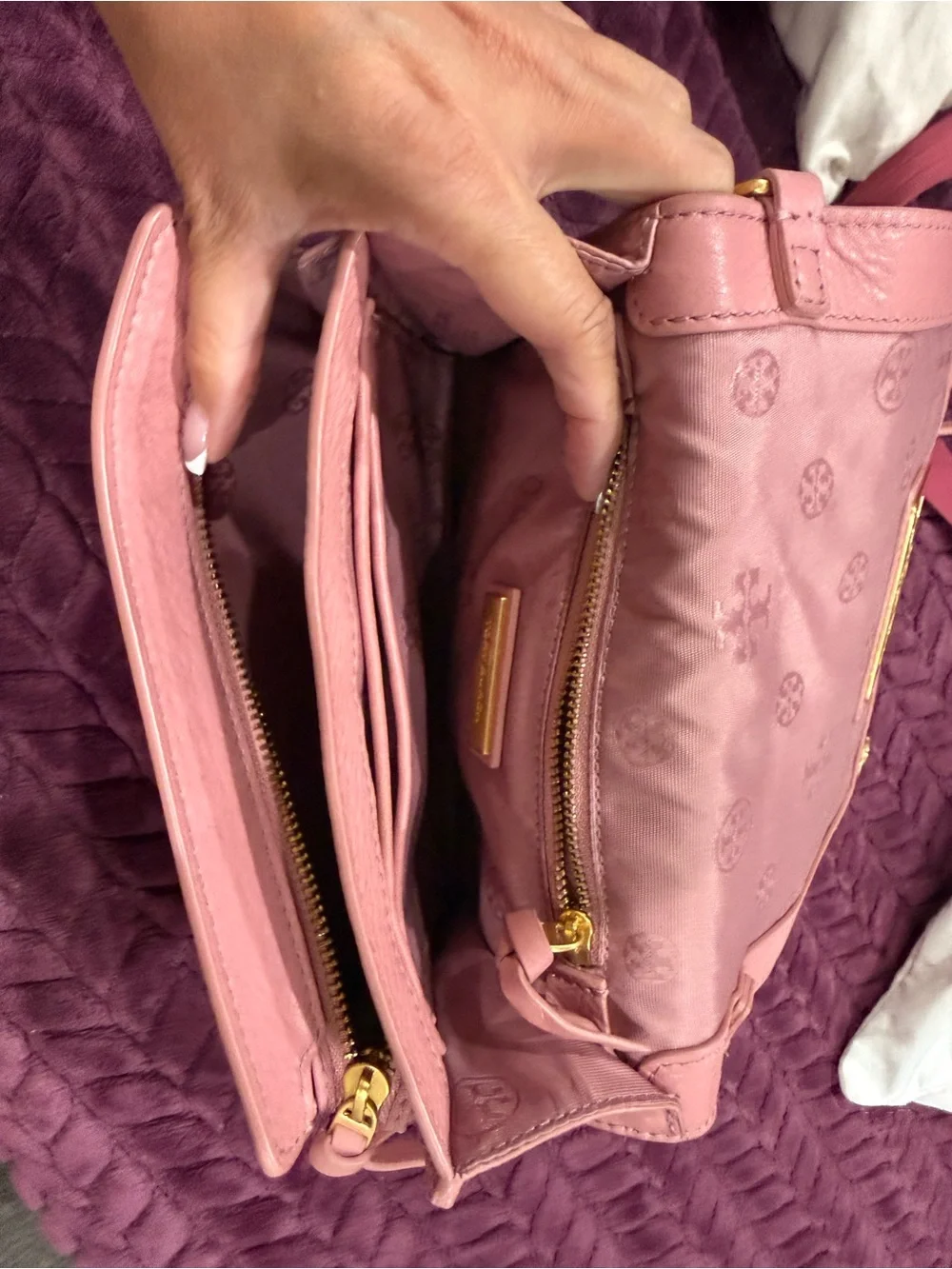 Tory Burch Pink Leather Crossbody Bag with Gold Logo Chain
